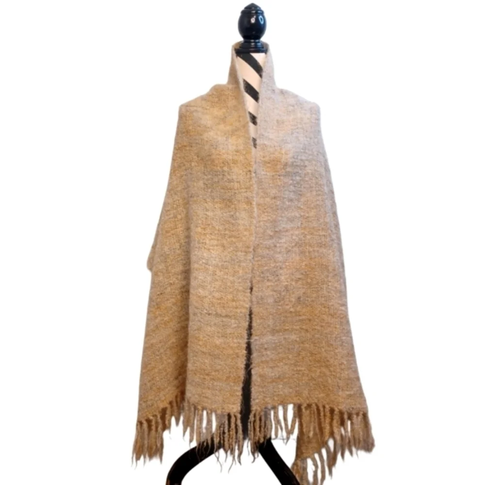 Earthy Natural Beige Hand Woven Mohair Wool Blend Fringe Wrap Shawl